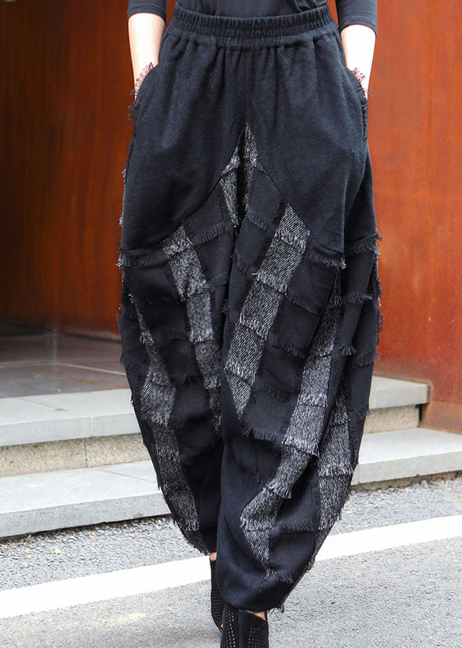 Black Grey Pockets Patchwork Winter Pants