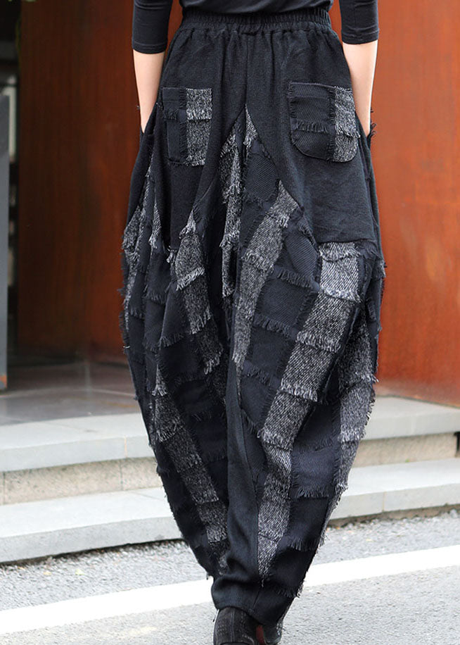Black Grey Pockets Patchwork Winter Pants