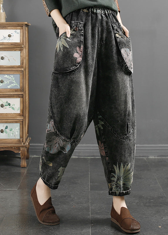 Black Grey Pockets Print Patchwork Denim Pants Fall