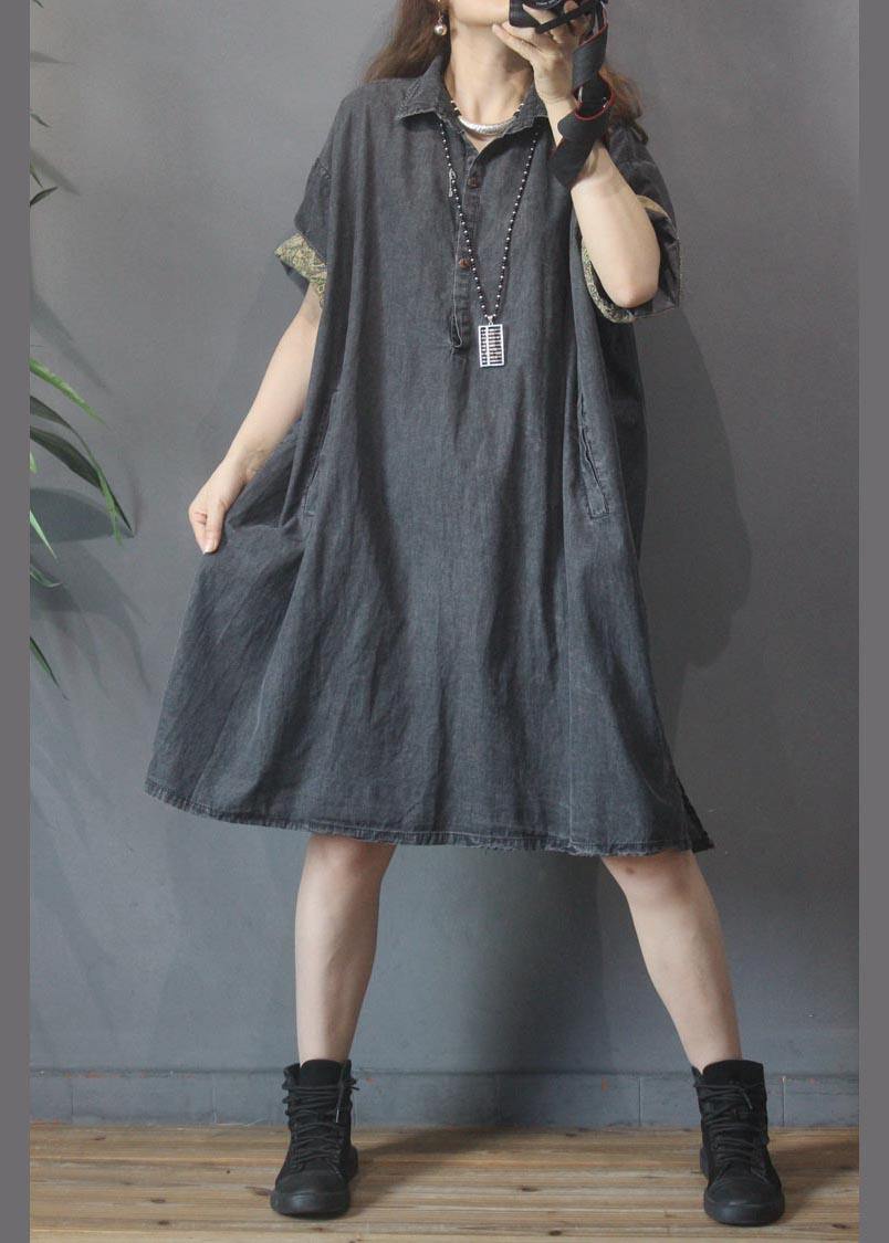 Black Grey Turn-down Collar Button Summer Maxi Dresses