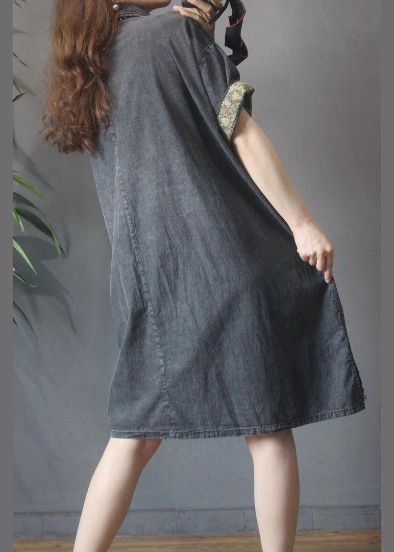 Black Grey Turn-down Collar Button Summer Maxi Dresses