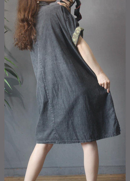 Black Grey Turn-down Collar Button Summer Maxi Dresses