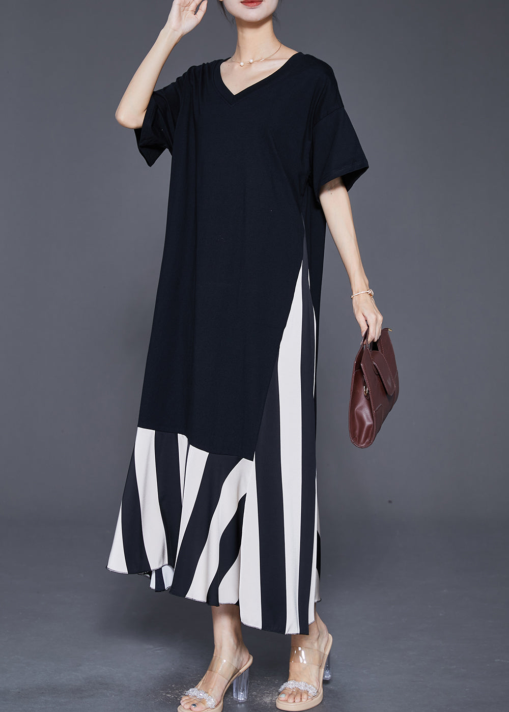 Black Heart Neck Patchwork Cotton Fake Two Piece Dress Summer