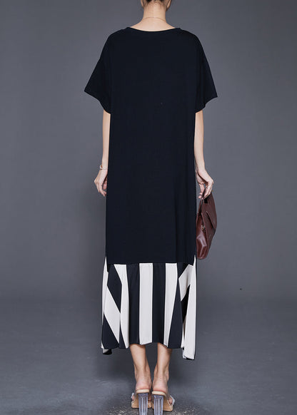 Black Heart Neck Patchwork Cotton Fake Two Piece Dress Summer