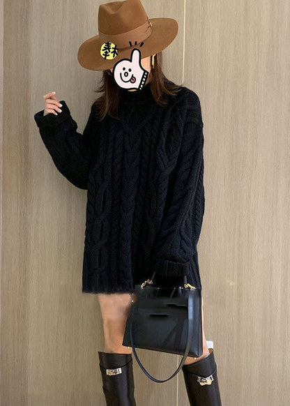 Black High Neck Oversized Cable Knit Sweater Tops Winter