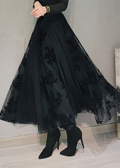 Black High Waist Draping Tulle Maxi Skirt Spring