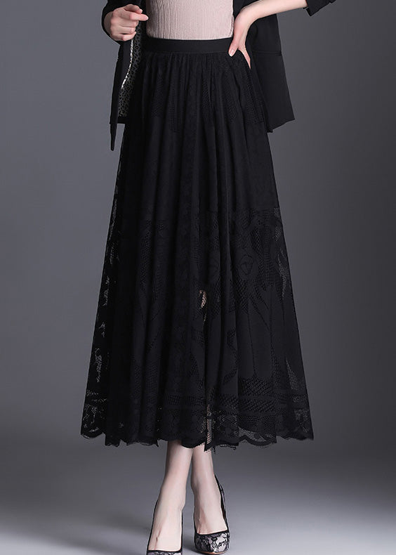 Black High Waist Lace Patchwork Hollow Out Tulle Maxi Skirt Spring