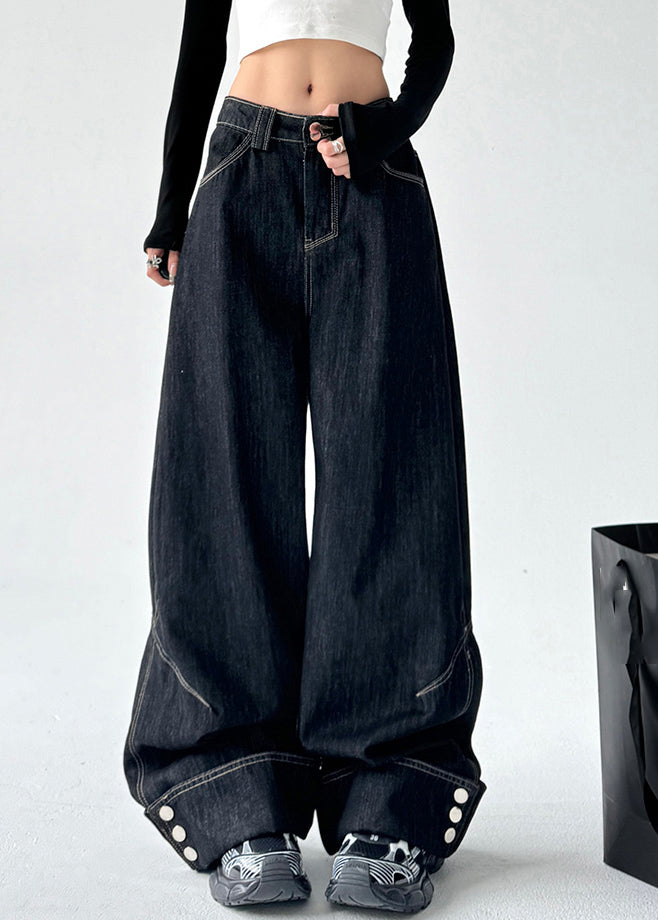 Black High Waist Patchwork Straight Denim Pants Spring