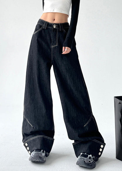 Black High Waist Patchwork Straight Denim Pants Spring