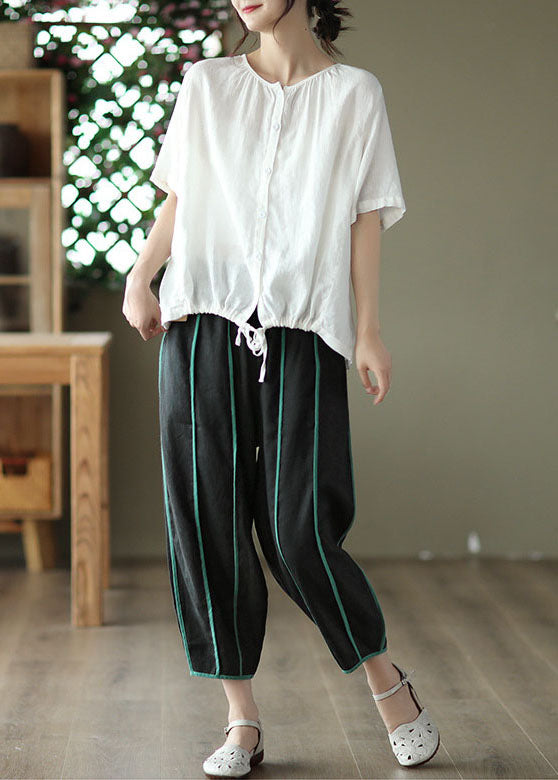 Black High Waist Pockets Striped Linen Crop Pants Summer