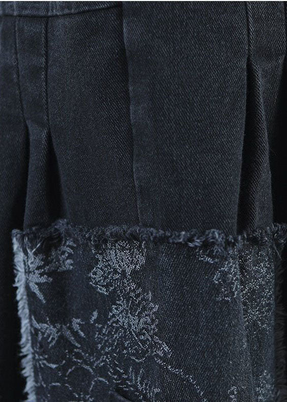 Black High Waist Pockets Wrinkled Patchwork Applique Cotton Harem Pants Fall