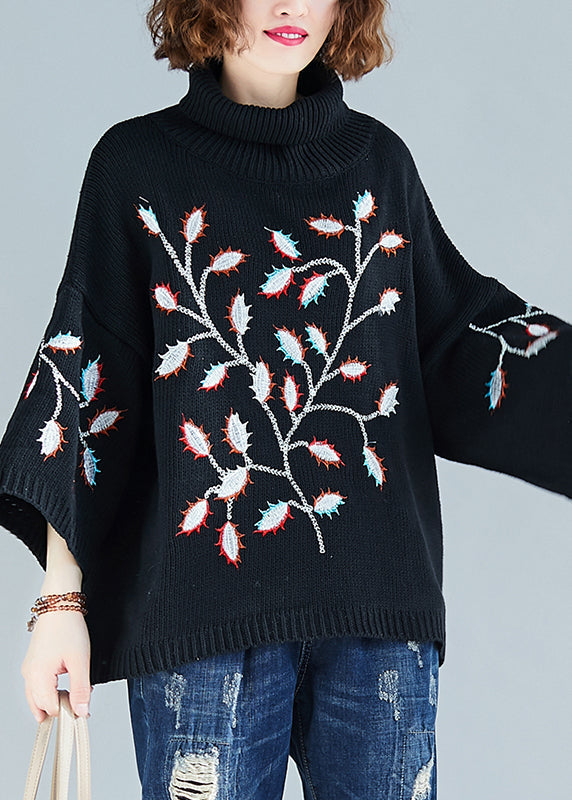 Black Hign Neck Embroideried Knit Short Sweater Spring