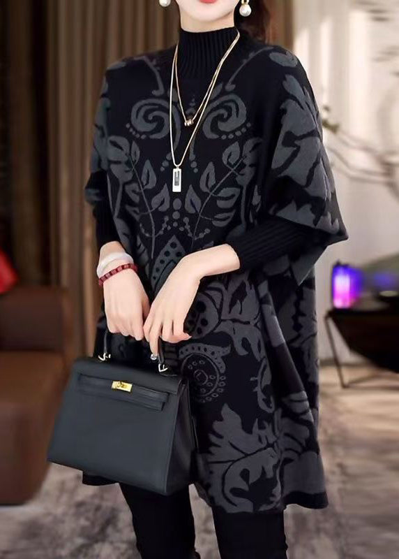 Black Hign Neck Thick Print Knit Sweater Winter