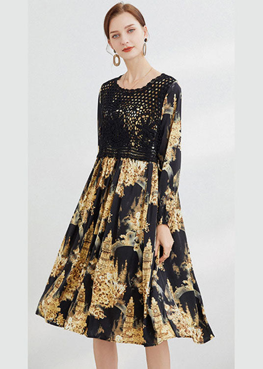 Black Hollow Out Print Dress Spring