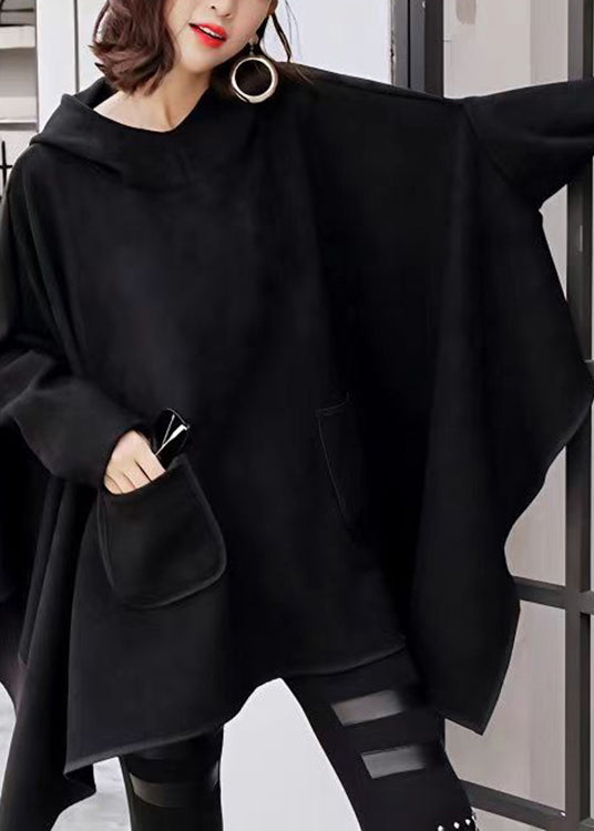 Black Hooded Asymmetrical Design Patchwork Faux Suede Sweatshirt Fall