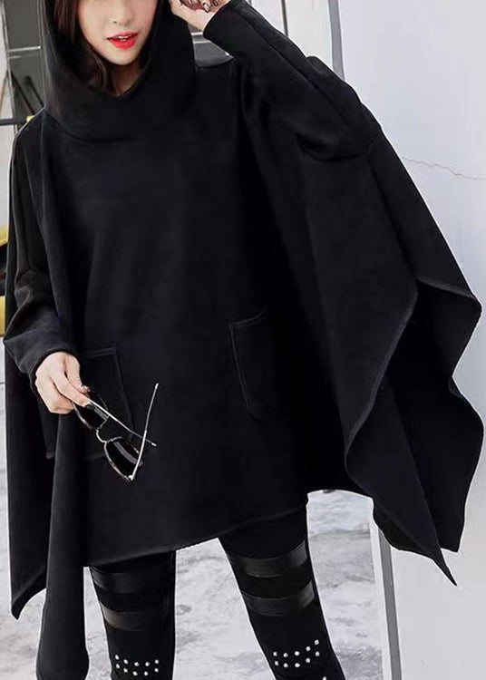 Black Hooded Asymmetrical Design Patchwork Faux Suede Sweatshirt Fall