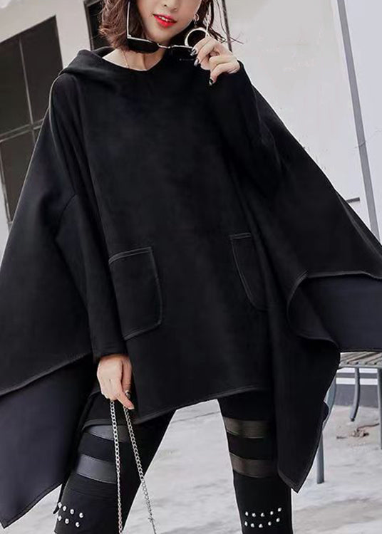 Black Hooded Asymmetrical Design Patchwork Faux Suede Sweatshirt Fall
