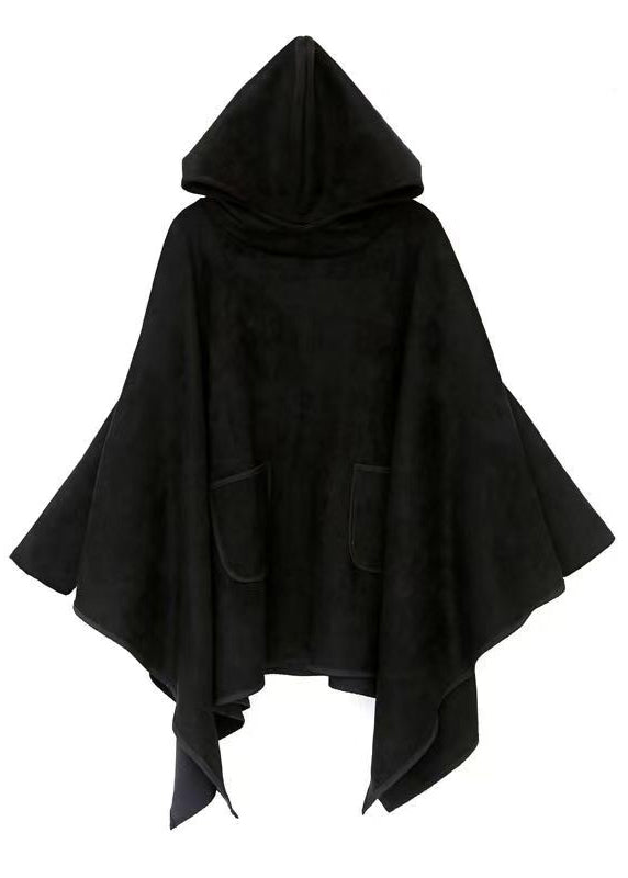 Black Hooded Asymmetrical Design Patchwork Faux Suede Sweatshirt Fall