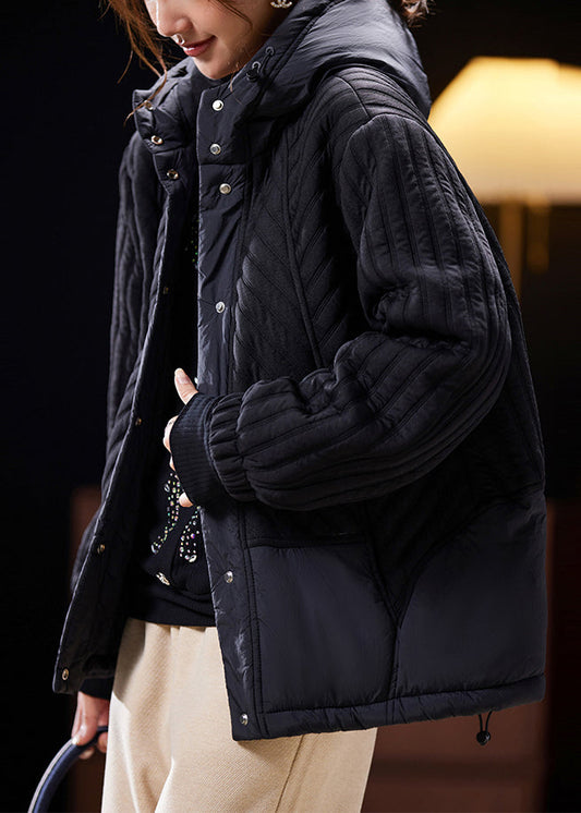 Black Hooded Button Cotton Filled Coat Long Sleeve