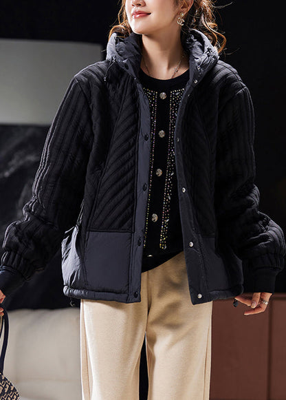 Black Hooded Button Cotton Filled Coat Long Sleeve