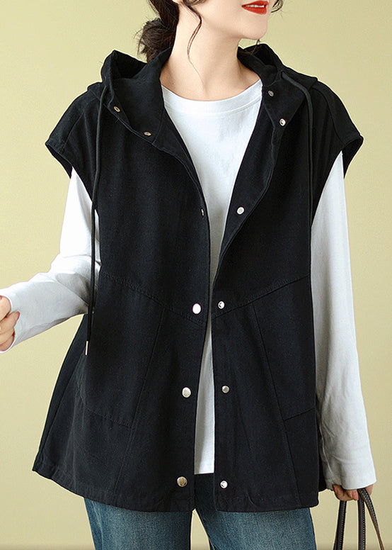 Black Hooded Button Drawstring Cotton Waistcoat Sleeveless