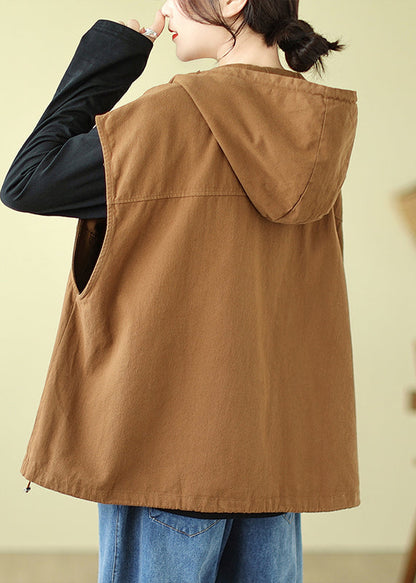 Black Hooded Button Drawstring Cotton Waistcoat Sleeveless
