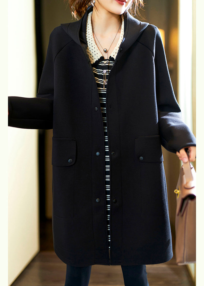 Black Hooded Button Pockets Cotton Coats Fall