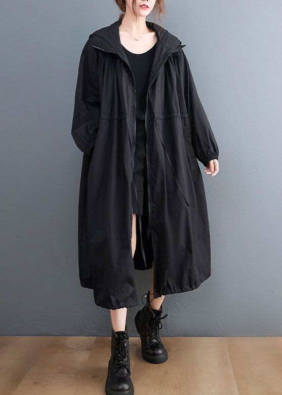 Black Hooded Drawstring Cotton Trench Coat Spring
