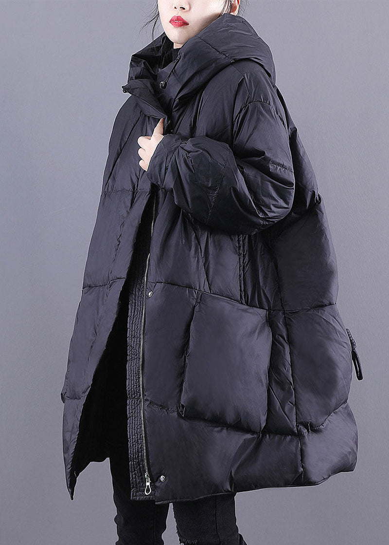Black Hooded Drawstring Thick Duck Down Down Coats Winter
