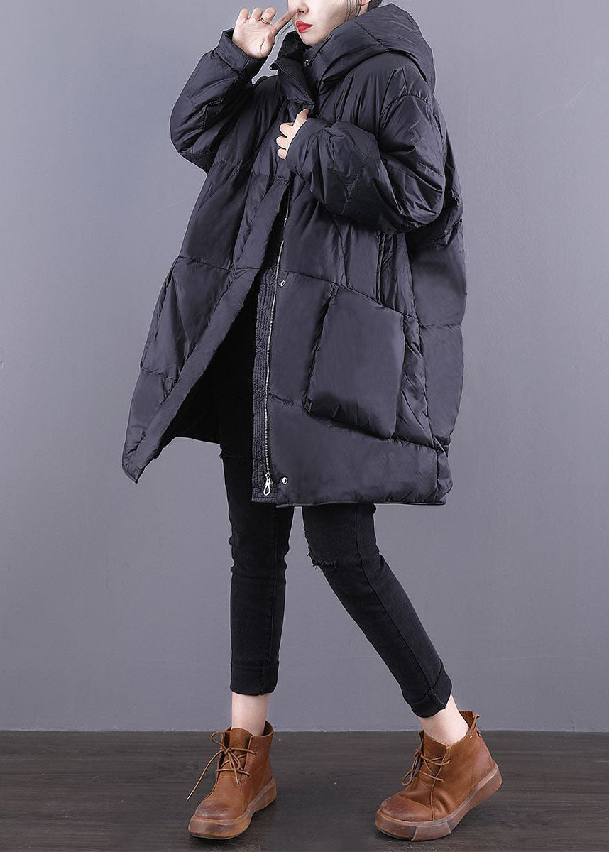 Black Hooded Drawstring Thick Duck Down Down Coats Winter