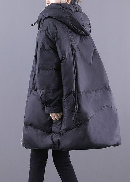Black Hooded Drawstring Thick Duck Down Down Coats Winter