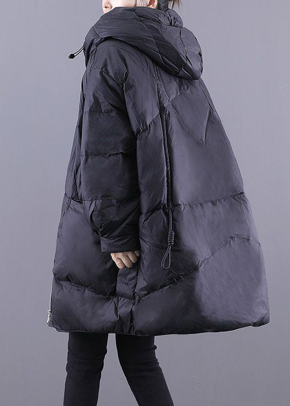 Black Hooded Drawstring Thick Duck Down Down Coats Winter