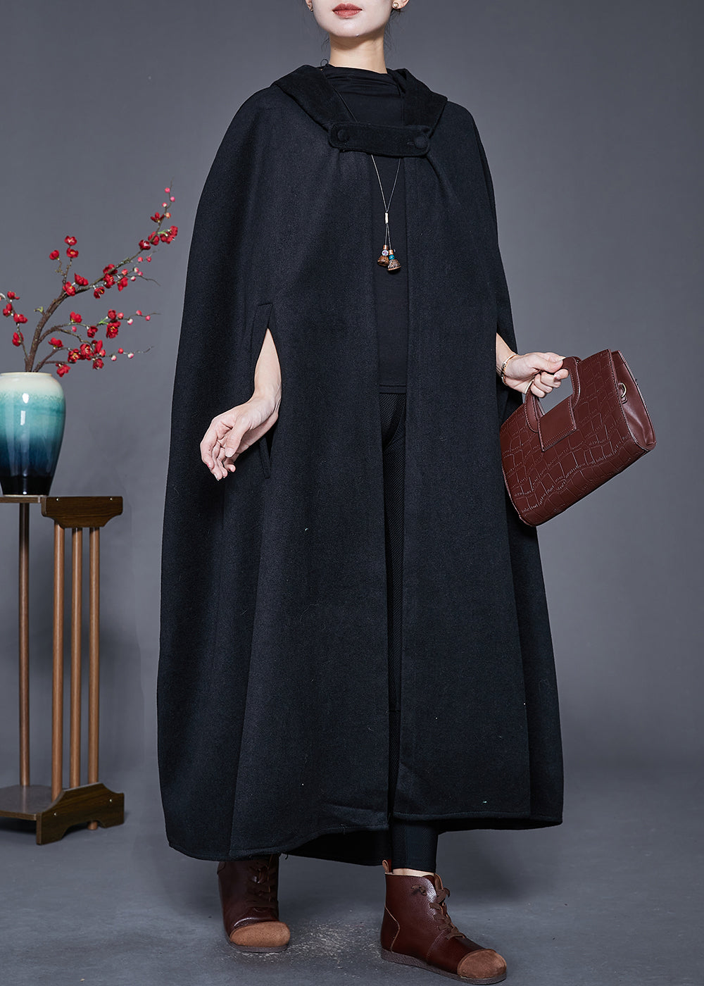 Black Hooded Oversized Woolen Trench Cloak Sleeves