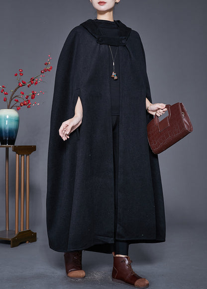 Black Hooded Oversized Woolen Trench Cloak Sleeves