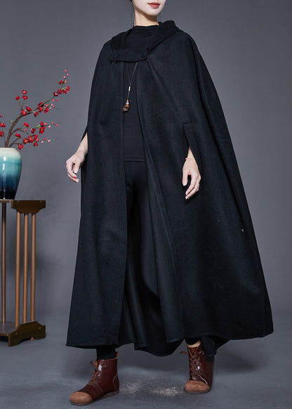 Black Hooded Oversized Woolen Trench Cloak Sleeves