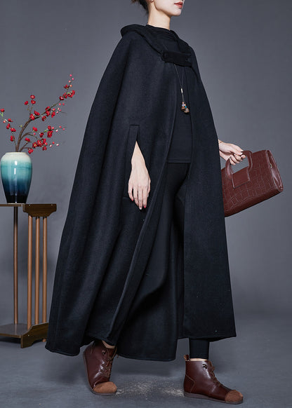 Black Hooded Oversized Woolen Trench Cloak Sleeves