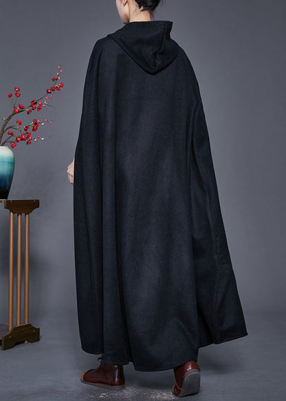 Black Hooded Oversized Woolen Trench Cloak Sleeves