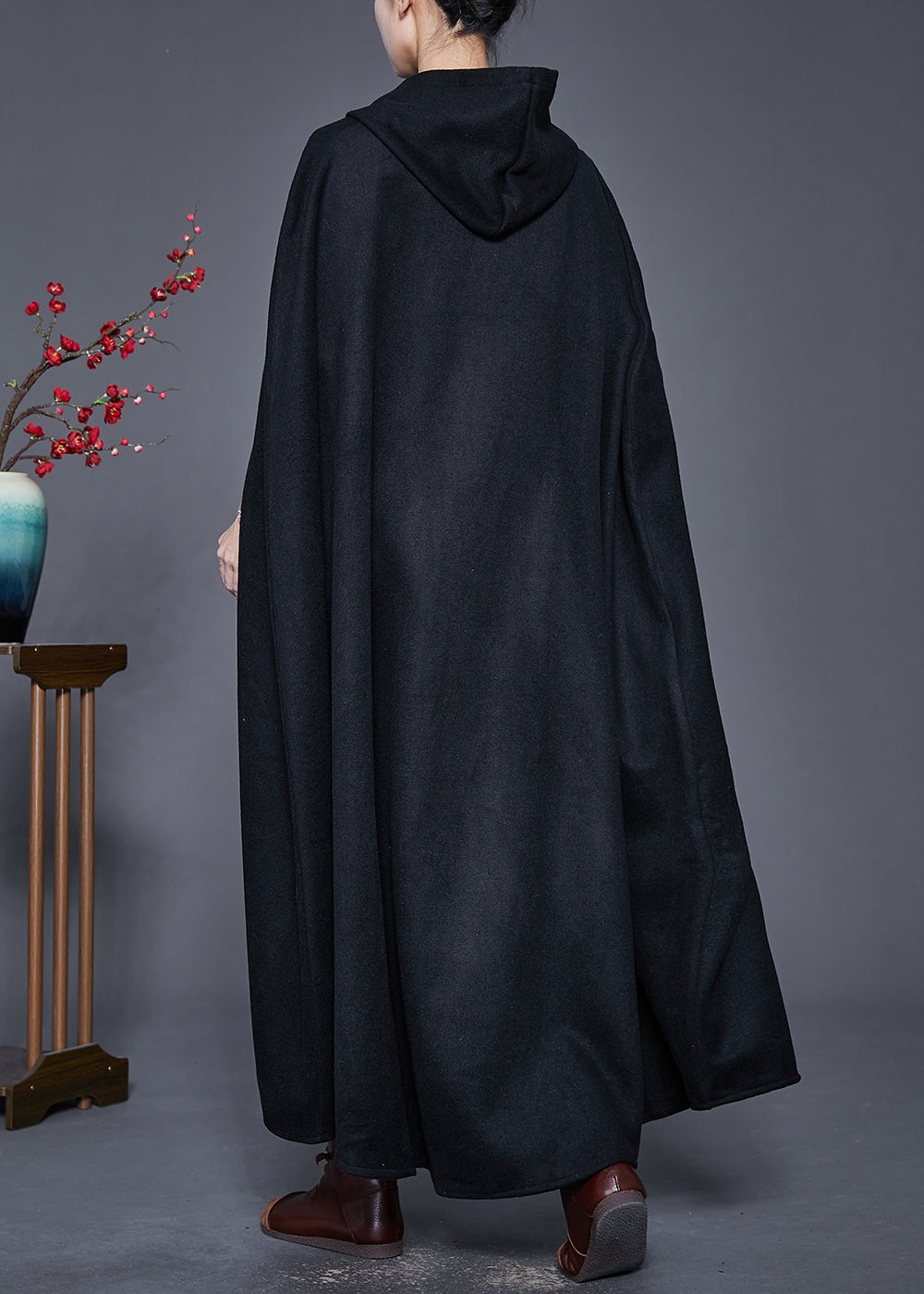 Black Hooded Oversized Woolen Trench Cloak Sleeves
