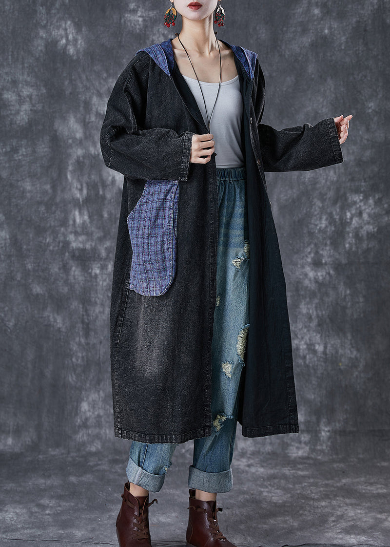 Black Hooded Patchwork Big Pockets Denim Coats Fall
