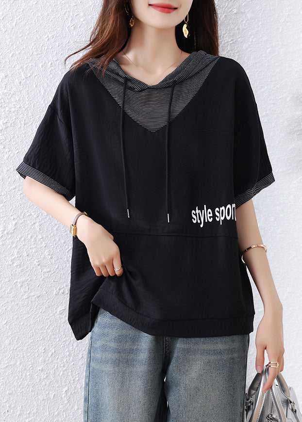 Black Hooded Patchwork Cotton Sweatshirt Summer
