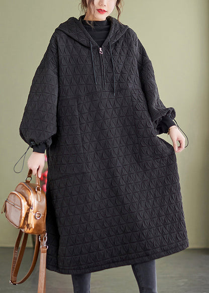Black Hooded Patchwork Fine Cotton Filled Dresses Winter