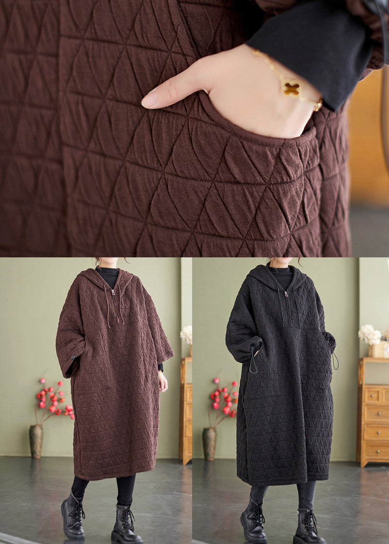 Black Hooded Patchwork Fine Cotton Filled Dresses Winter