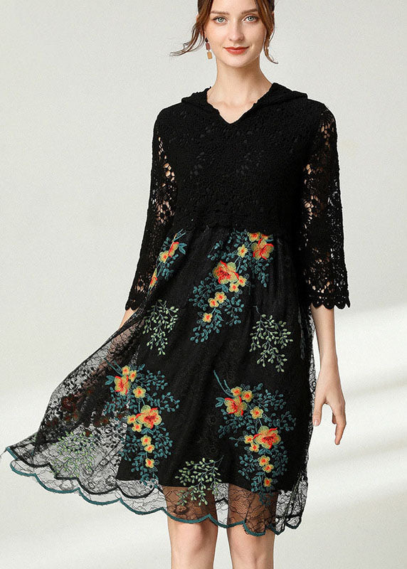 Black Hooded Patchwork Lace Dress Spring