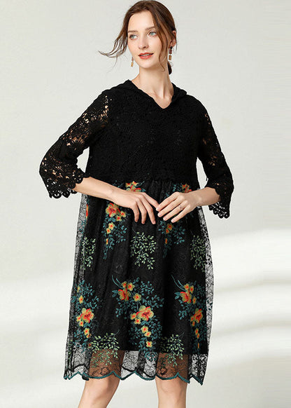 Black Hooded Patchwork Lace Dress Spring