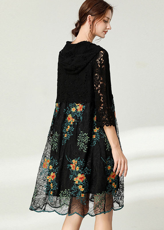 Black Hooded Patchwork Lace Dress Spring