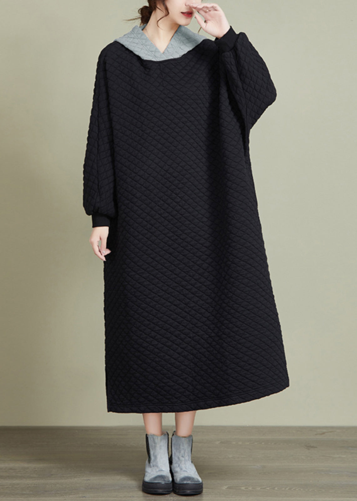 Black Hooded Patchwork Thick Long Dresses Long Sleeve