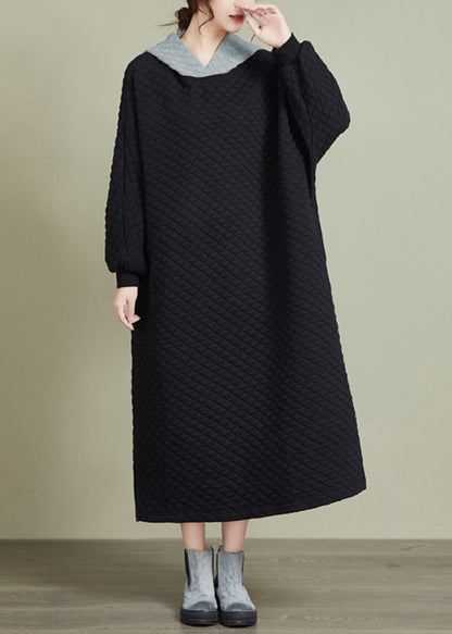 Black Hooded Patchwork Thick Long Dresses Long Sleeve