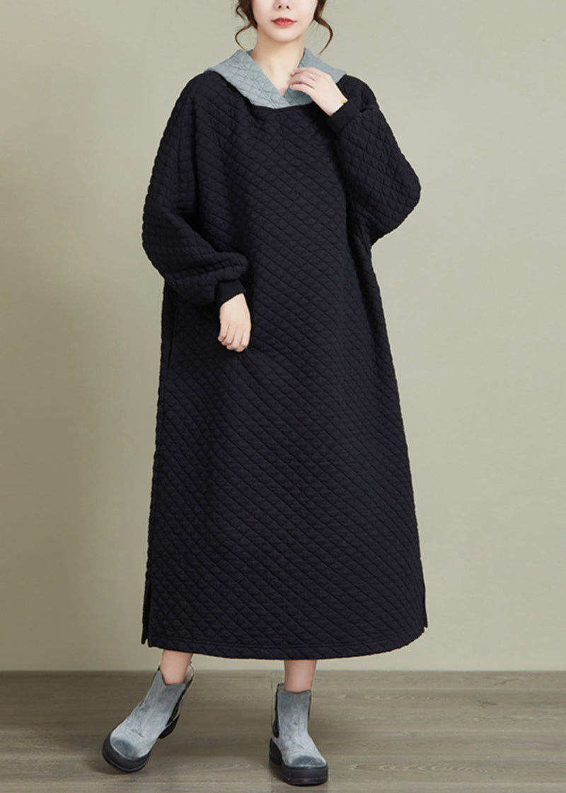 Black Hooded Patchwork Thick Long Dresses Long Sleeve