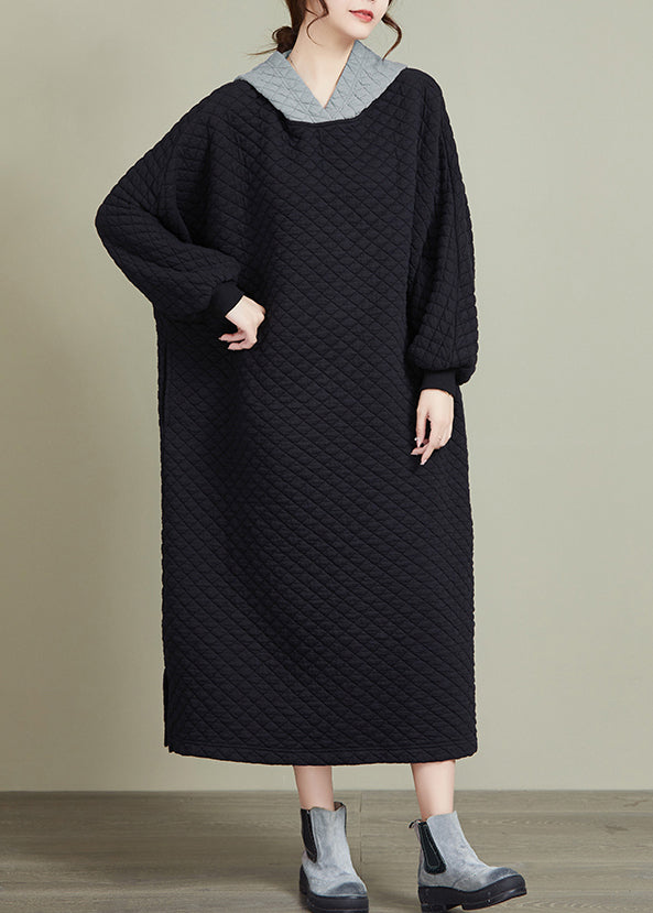 Black Hooded Patchwork Thick Long Dresses Long Sleeve