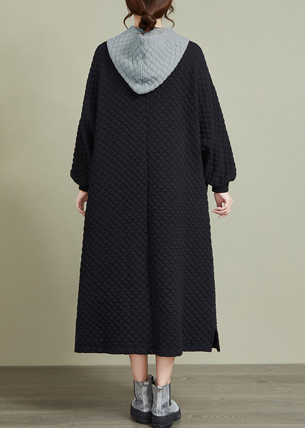 Black Hooded Patchwork Thick Long Dresses Long Sleeve